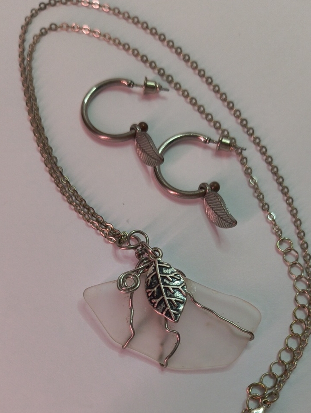 Delicate White Sea Glass Pendant Necklace with Leaf Charm - Women Jewelry